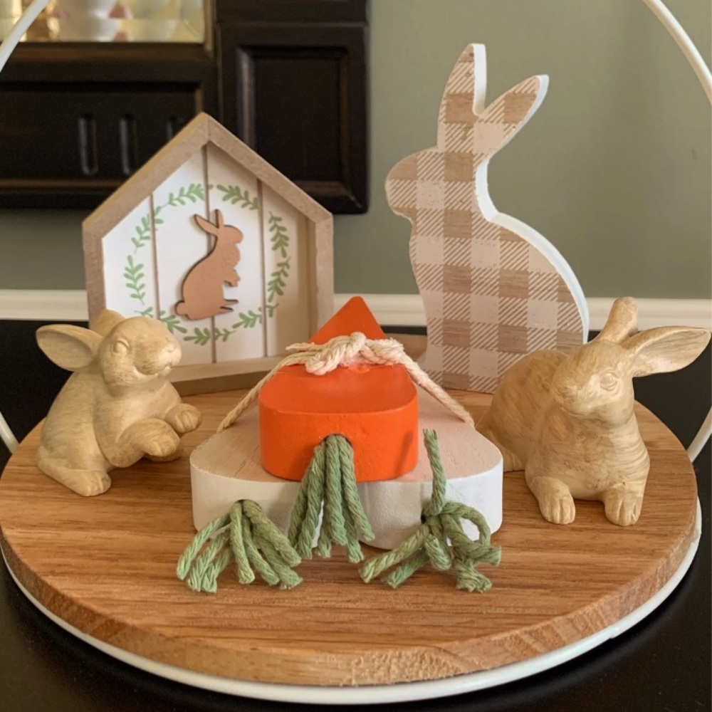 Target Easter tiered tray decor and resin wooden bunnies